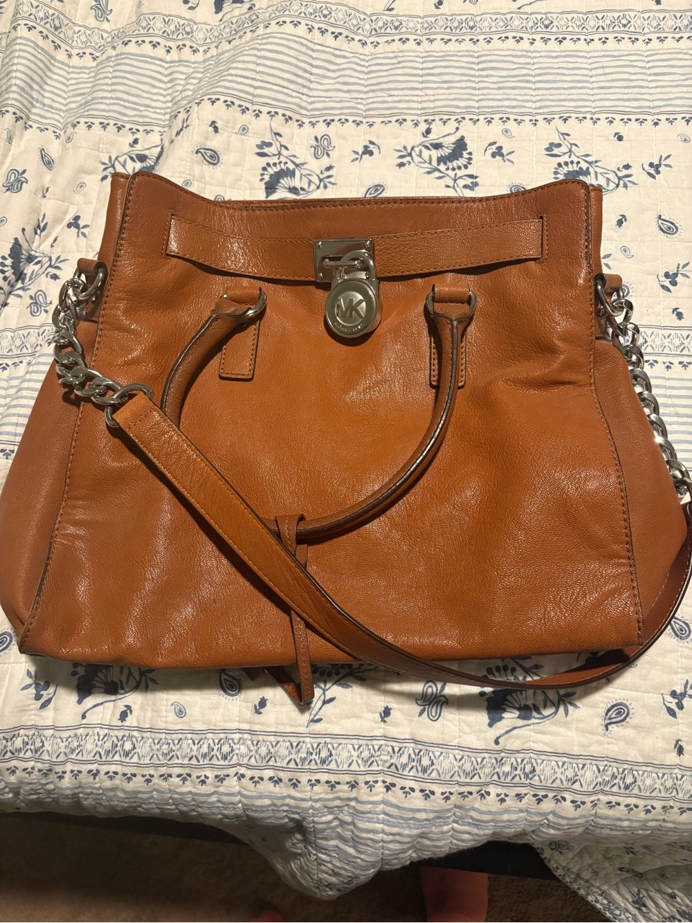 Michael Kors Cognac Leather Shoulder Tote with Silver Hardware